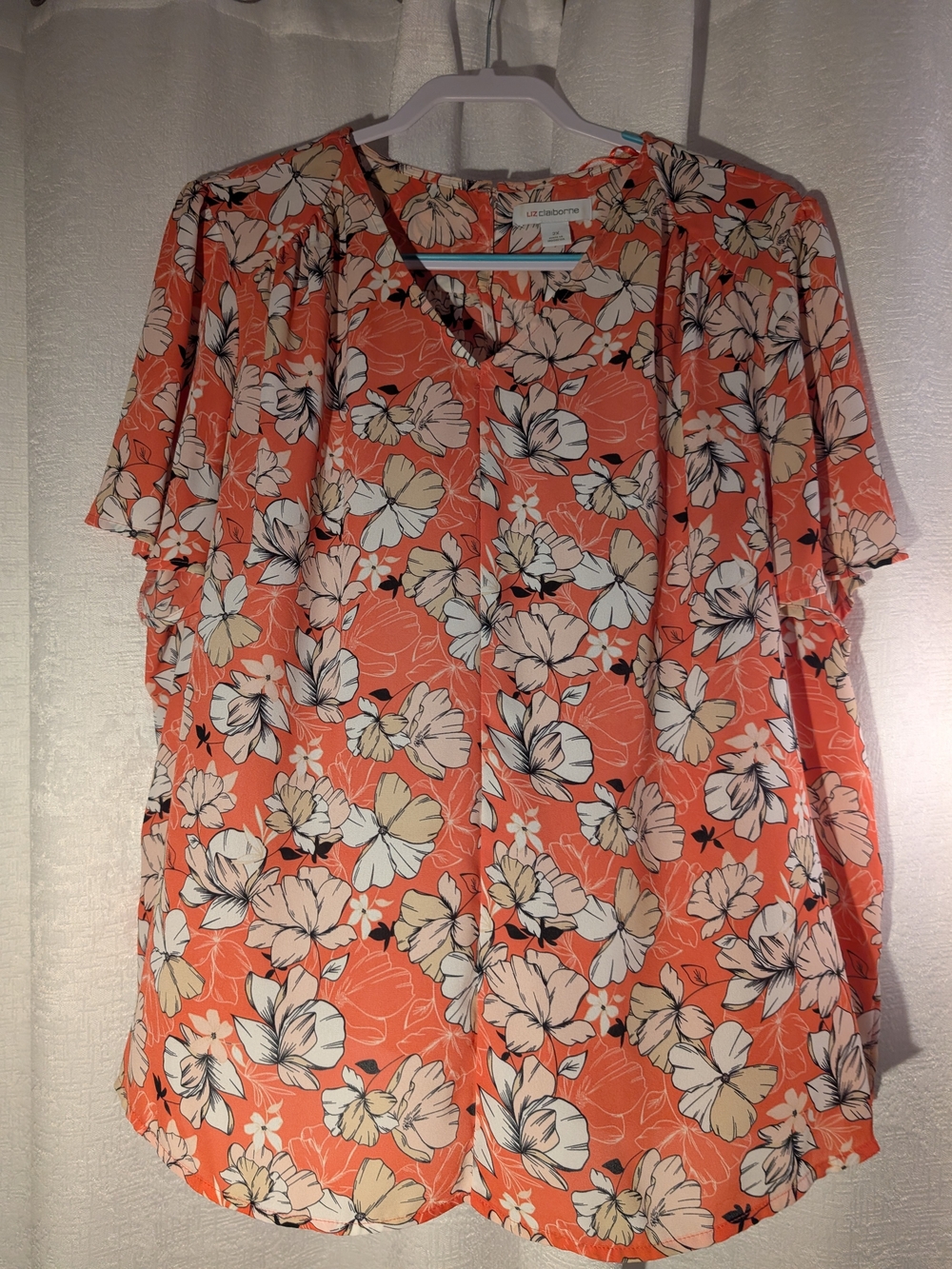 Liz Claiborne Coral Floral V-Neck Flutter-Sleeve Blouse